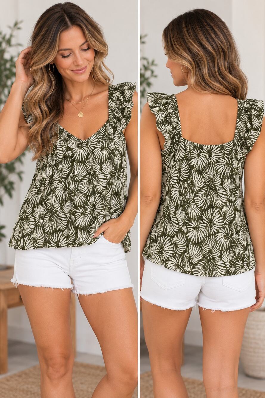 LOFT Floral Print Ruffle Sleeve Top Green White Textured Blouse Medium